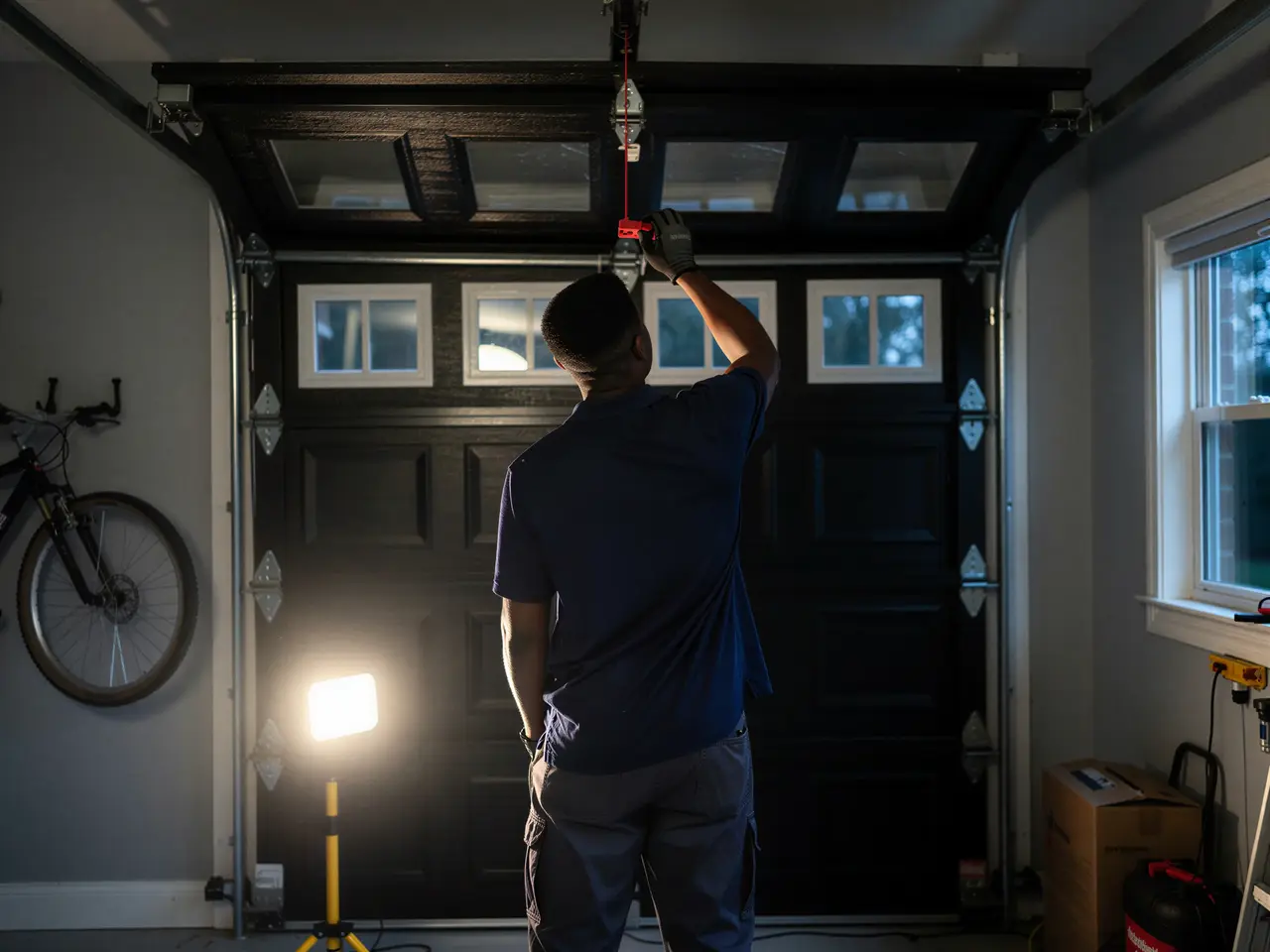A technician works on a black garage door with windows, illuminated by a work light.
