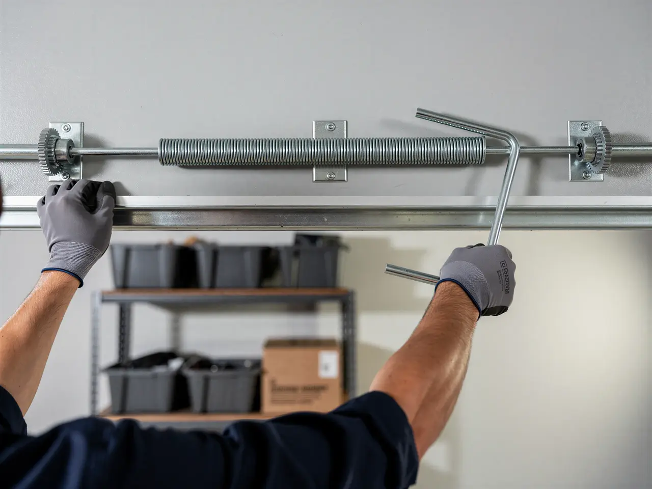 A technician wearing gloves adjusts a garage door torsion spring with a winding bar.